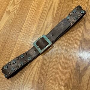 Nine West Bronze Leather Belt Turquoise Hammered Studs, Painted Buckle‎ Sz Small